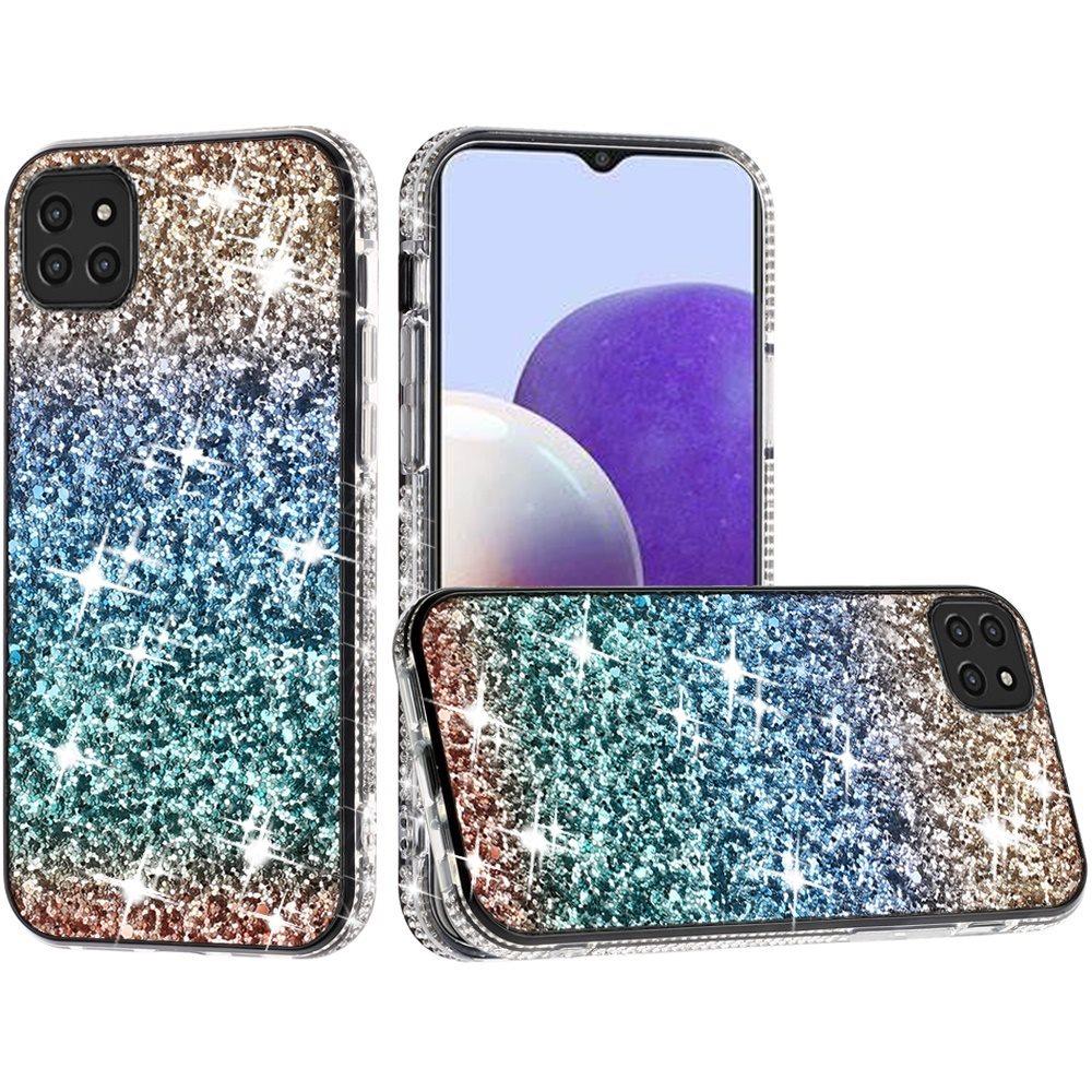For Samsung Galaxy A22 5G Rhinestone Sparkling Rainbow Gradual Glitter Full Diamond Bling Protective Hybrid Rugged Slim TPU Phone Case Cover