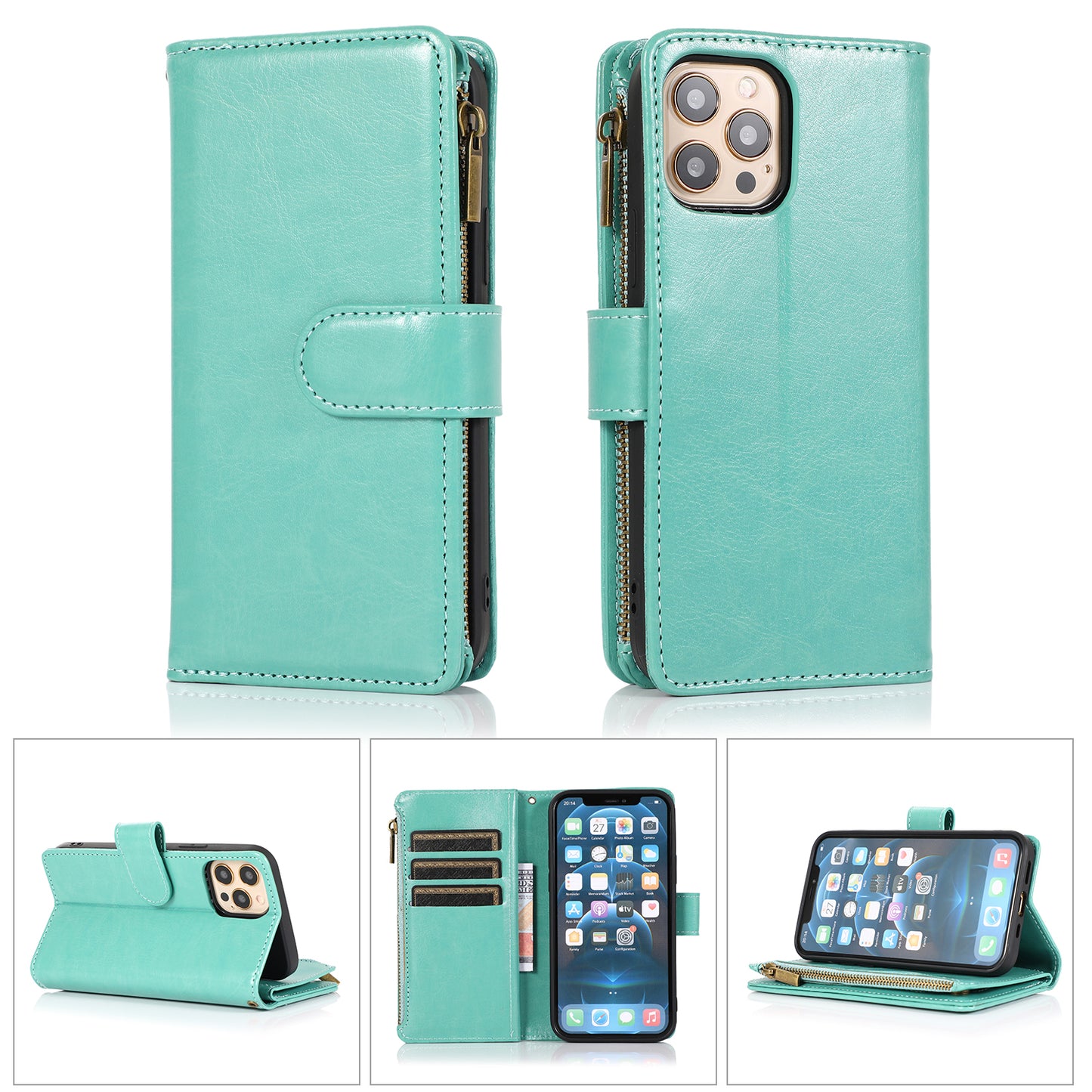For OnePlus Nord N20 5G Leather Zipper Wallet Case 9 Credit Card Slots Cash Money Pocket Clutch Pouch with Stand & Strap Phone Case Cover