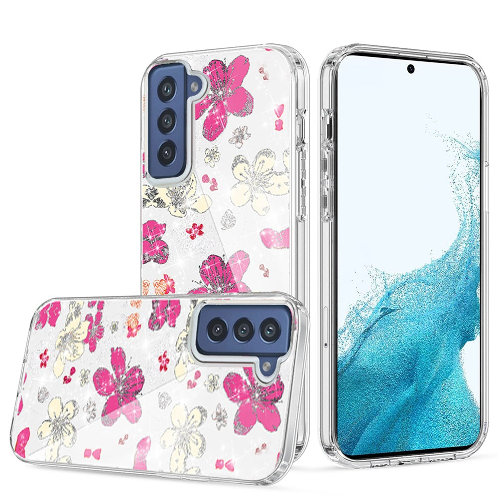 For Apple iPhone 14 (6.1") Beautiful Laser Clear Bling Glitter Design Pattern Hybrid Gummy Hard PC and TPU Phone Case Cover
