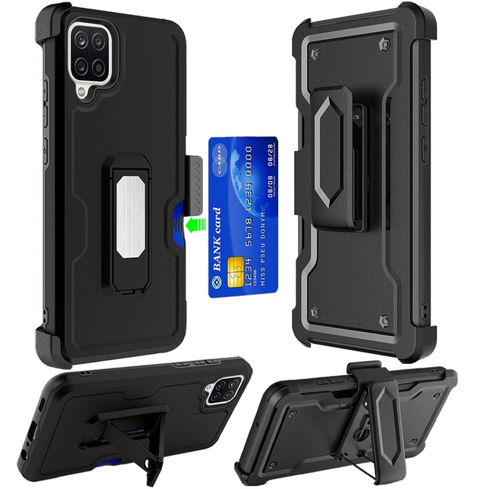 For Samsung Galaxy A12 5G Armor Belt Clip with Credit Card Holder, Holster, Kickstand Protective Full Body Heavy Duty Hybrid Phone Case Cover