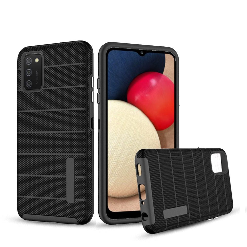 For Samsung Galaxy A02s Hybrid Tuff Armor Stripes Rugged Texture Rubber Dual Layers TPU+PC Scratch-Resistant Drop Protection Phone Case Cover