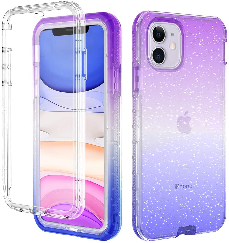 For Apple iPhone 13 Pro (6.1") Clear Gradient Glitter Bling Sparkly Hybrid Hard PC Soft TPU Bumper and Front Frame Drop Protective Phone Case Cover