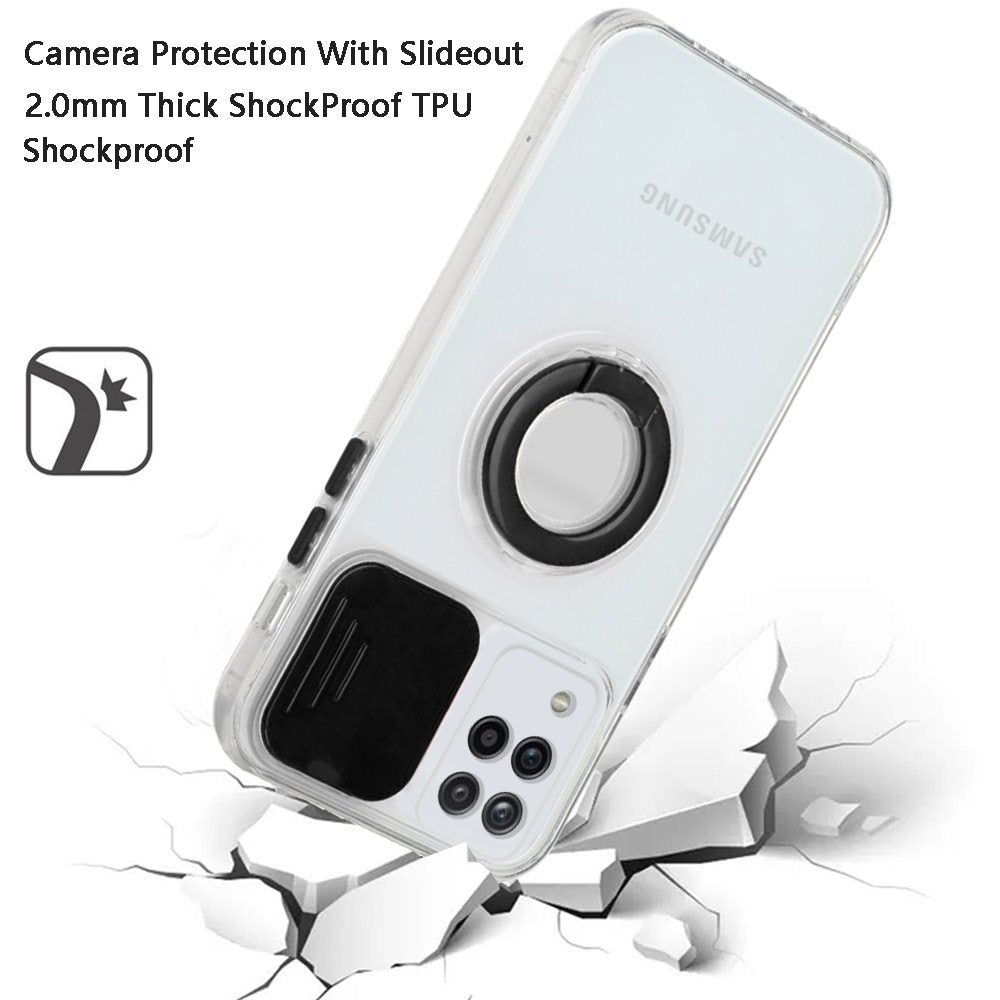 For Apple iPhone 13 Pro Max (6.7") Transparent Cases with Ring Stand & Camera Window, Slide Lens Protection Hybrid Shockproof Phone Case Cover