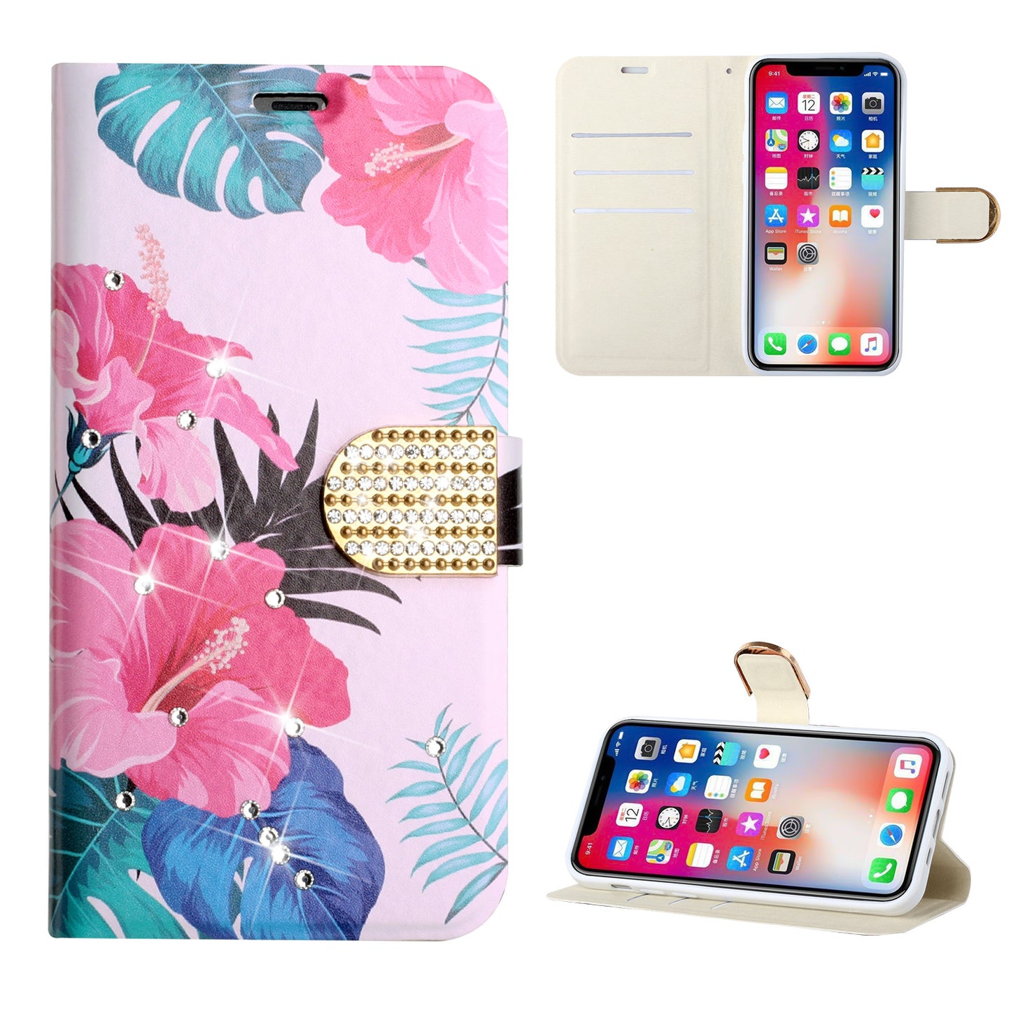 For Samsung Galaxy A02S Design Pattern PU Leather Wallet 3D Diamond Bling Buckle with Credit Card Slot & Stand Pouch Flip Phone Case Cover