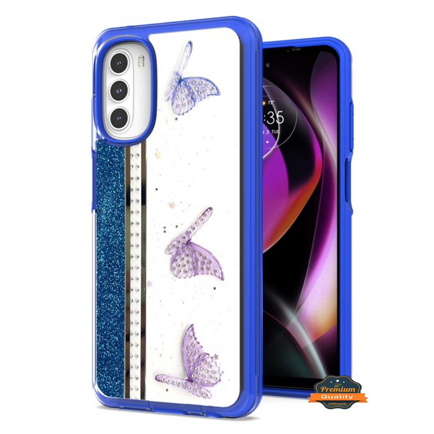 For Motorola Moto G 5G 2022 Butterflies Design Bling Glitter Shockproof Hybrid Soft TPU Frame and Hard PC Back Slim Phone Case Cover