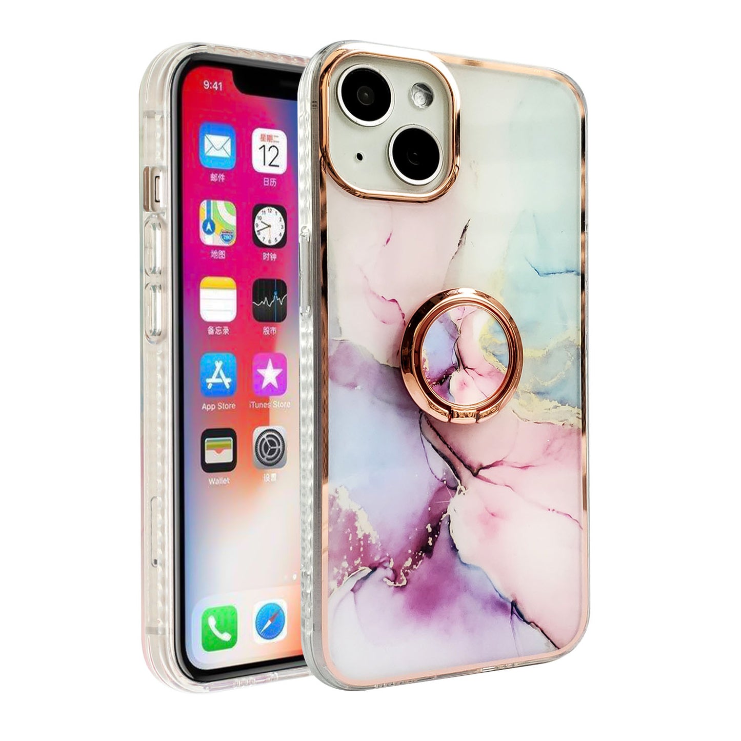 For Apple iPhone 11 (6.1") Pattern Fashion Design Chromed Edge IMD with Ring Kickstand Hybrid TPU Hard Back Phone Case Cover