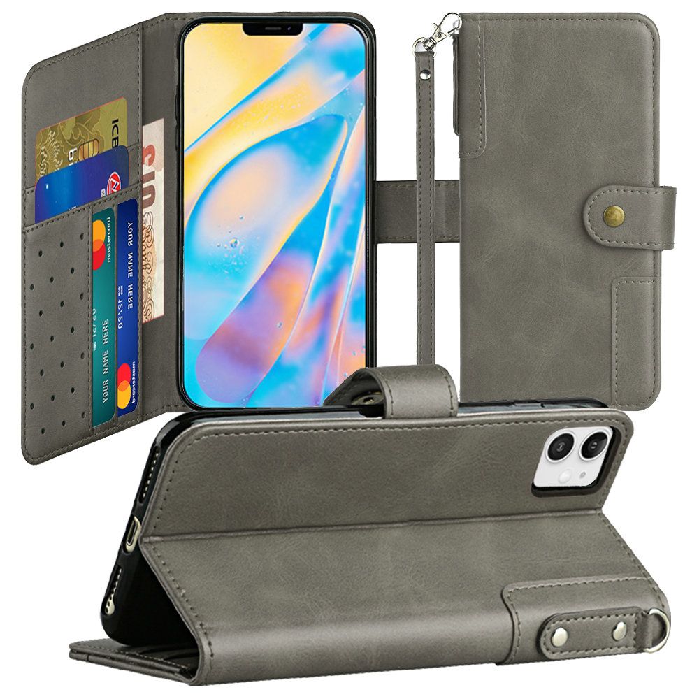 For Apple iPhone 11 (6.1") Wallet Case with Credit Card Holder, PU Leather Flip Pouch Kickstand & Strap TPU Protective Phone Case Cover