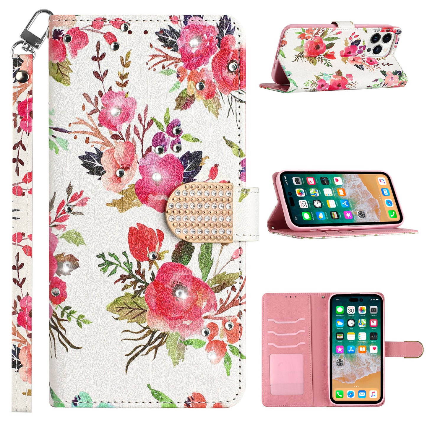 For Samsung Galaxy A23 5G Fashion Diamond Bling Design Wallet Pouch Card Slots PU Leather With Lanyard Phone Case Cover