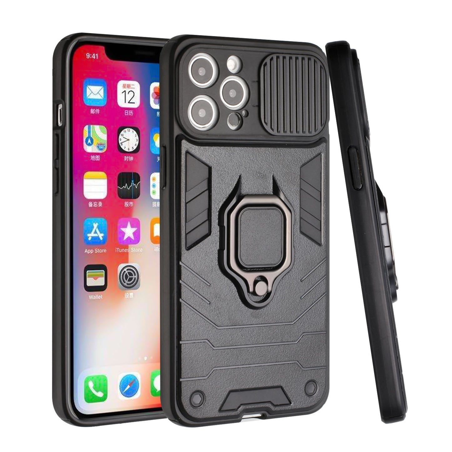 For Samsung Galaxy A02S Kickstand Hybrid with Slide Camera Protector, Built-in 360° Rotate Ring Stand Magnetic PC & TPU Bumper Phone Case Cover