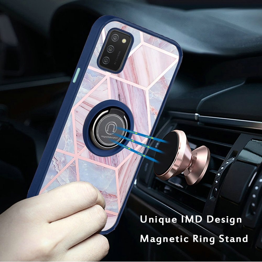 For Samsung Galaxy A02S Unique Marble Design with Magnetic Ring Kickstand Holder Hybrid TPU Hard PC Armor Shockproof Phone Case Cover
