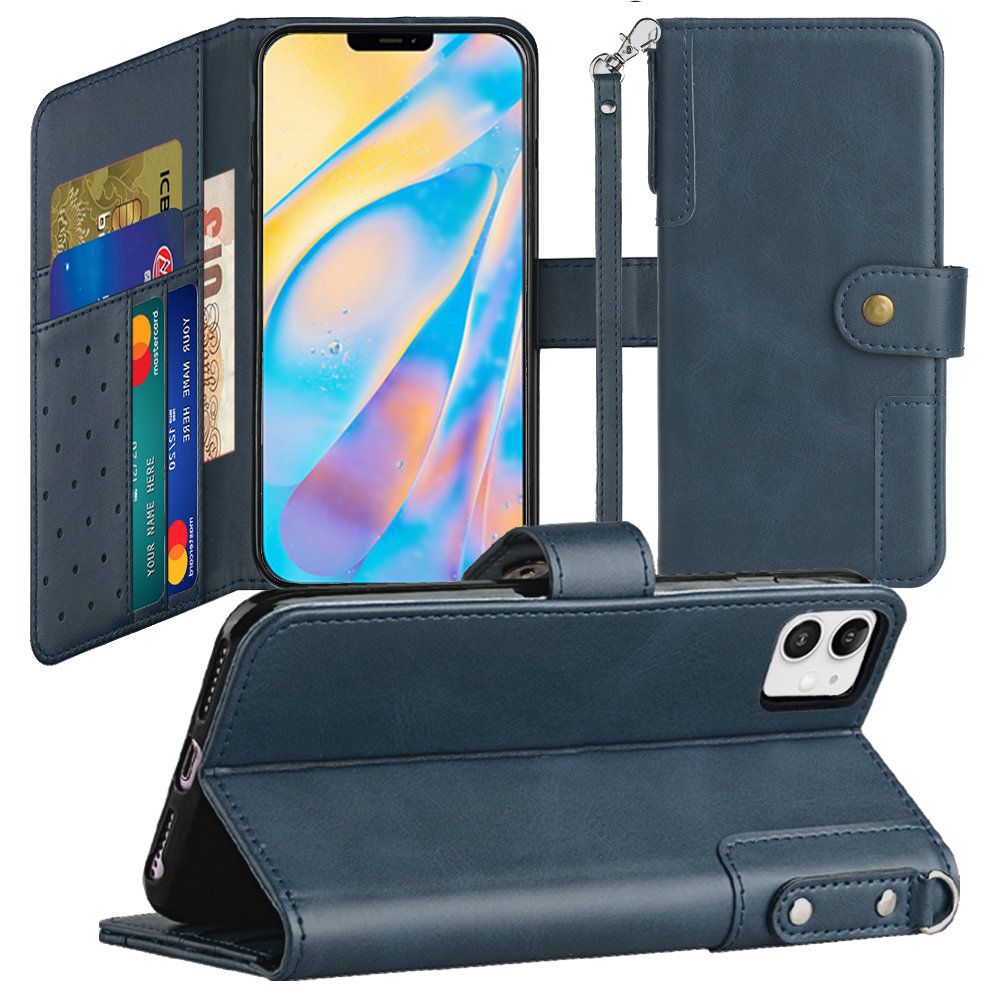For Apple iPhone 11 (6.1") Wallet Case with Credit Card Holder, PU Leather Flip Pouch Kickstand & Strap TPU Protective Phone Case Cover