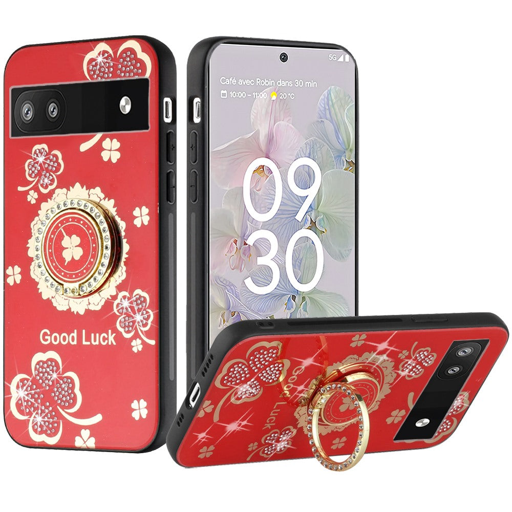 For Google Pixel 6A Diamonds Bling Sparkly Glitter 3D Ornaments Engraving Hybrid with Ring Stand Holder Fashion Phone Case Cover