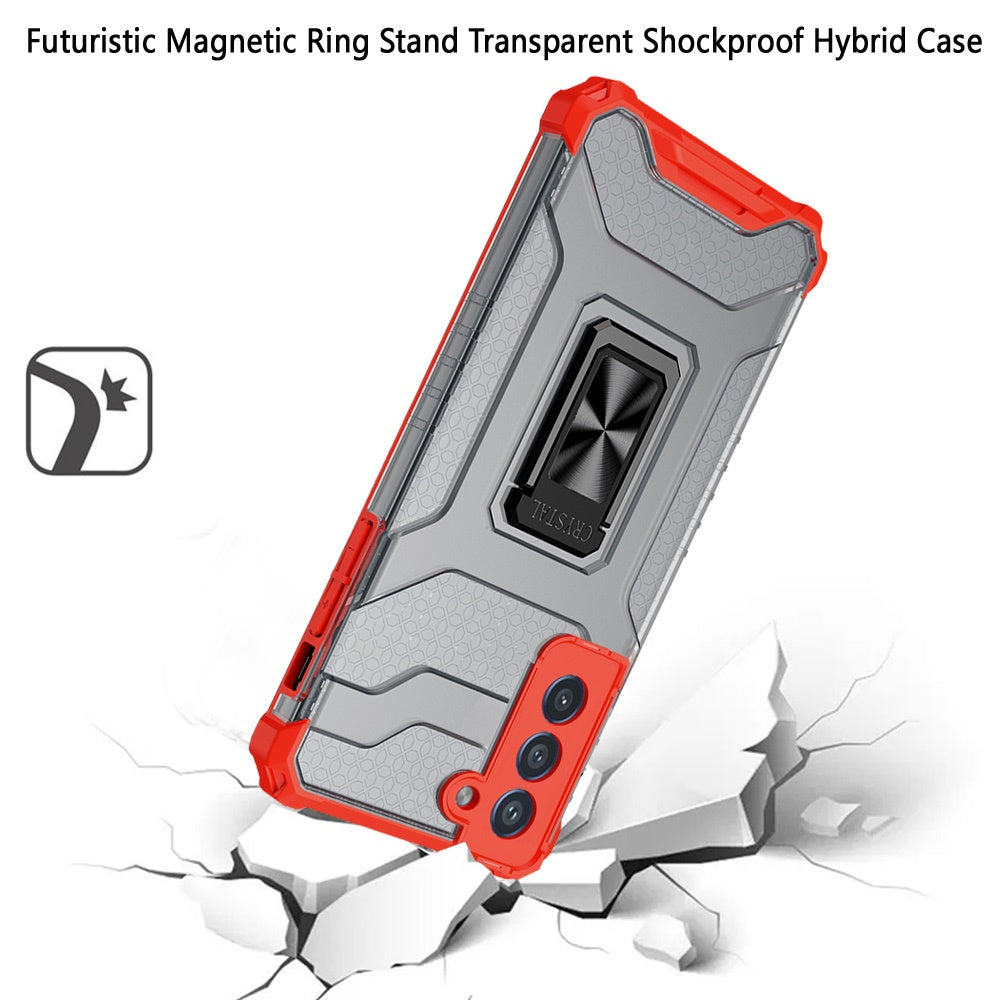 For Samsung Galaxy S21 FE /Fan Edition Transparent 360 Rotation Built-in Magnetic Ring Kickstand Holder Hybrid Rugged Armor Bumper Phone Case Cover