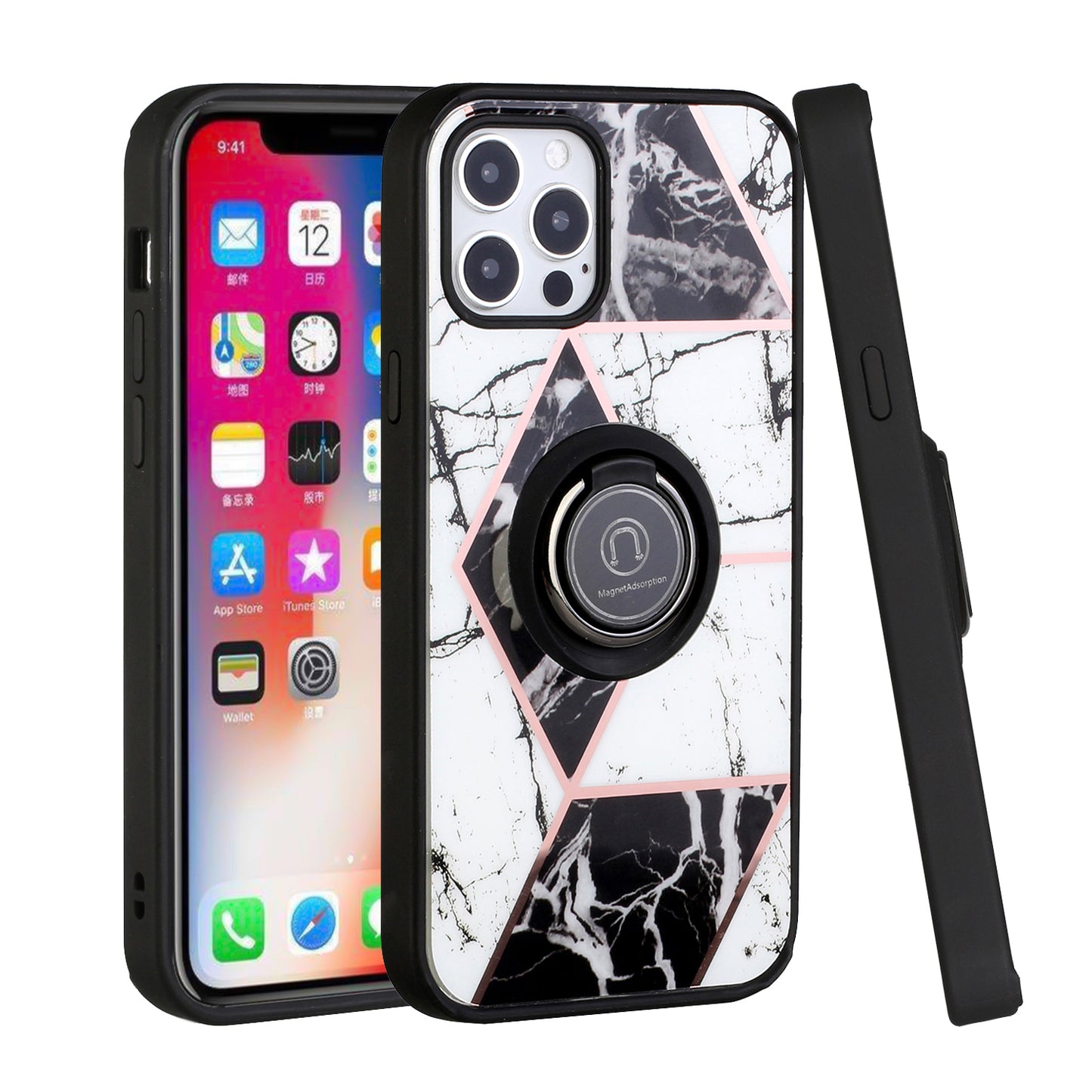 For Apple iPhone 13 /Pro Max Mini Unique Marble Design with Magnetic Ring Kickstand Holder Hybrid TPU Hard PC Shockproof Armor Bumper Phone Case Cover