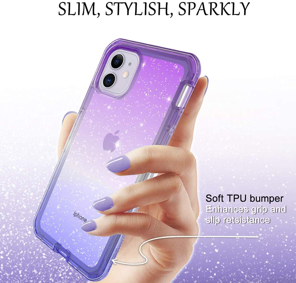 For Apple iPhone 13 Pro (6.1") Clear Gradient Glitter Bling Sparkly Hybrid Hard PC Soft TPU Bumper and Front Frame Drop Protective Phone Case Cover