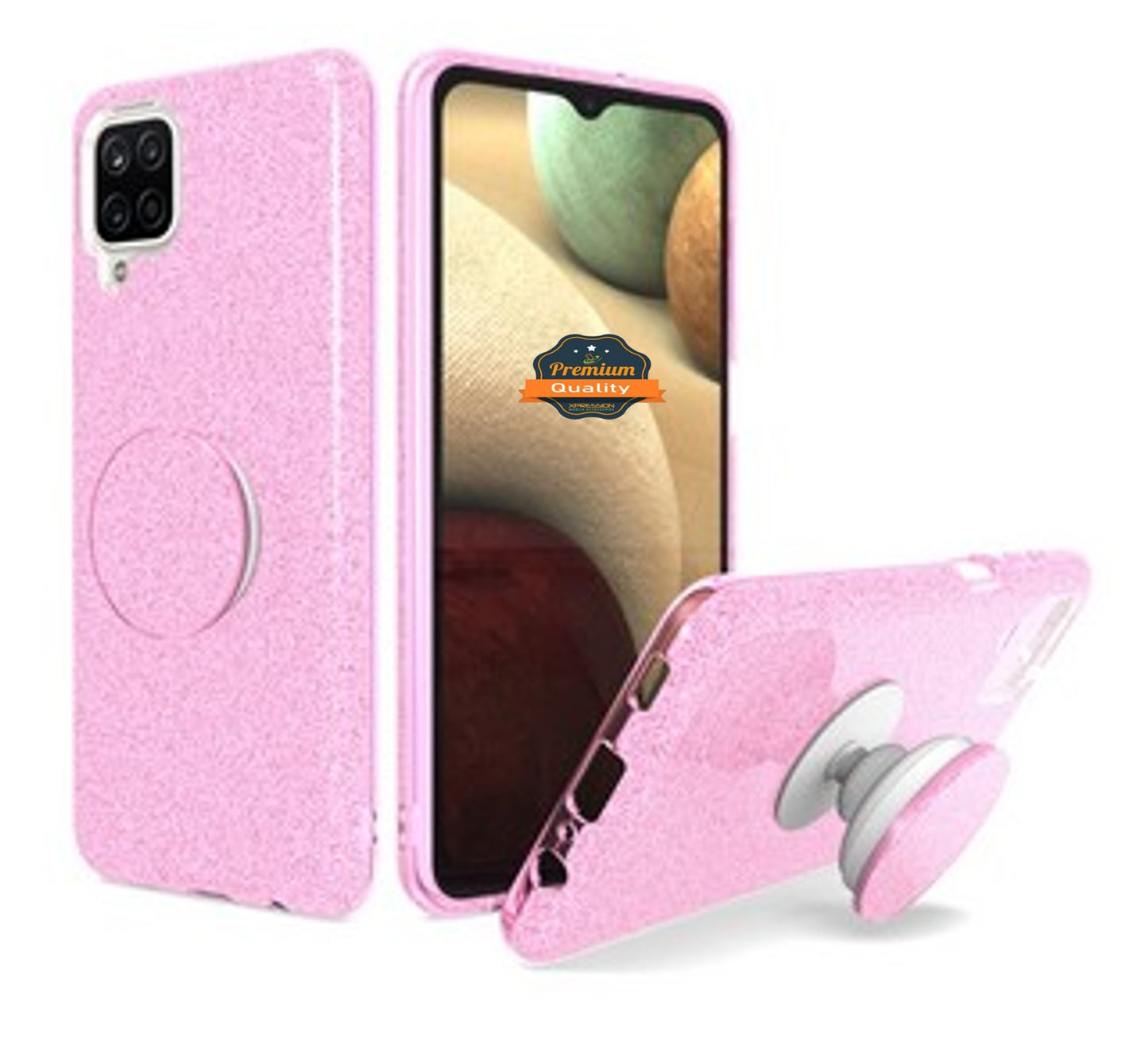 For Samsung Galaxy A12 5G Premium Soft TPU Bling Glitter with Round Stand Expanding Pop Holder Protective Hybrid Slim Phone Case Cover