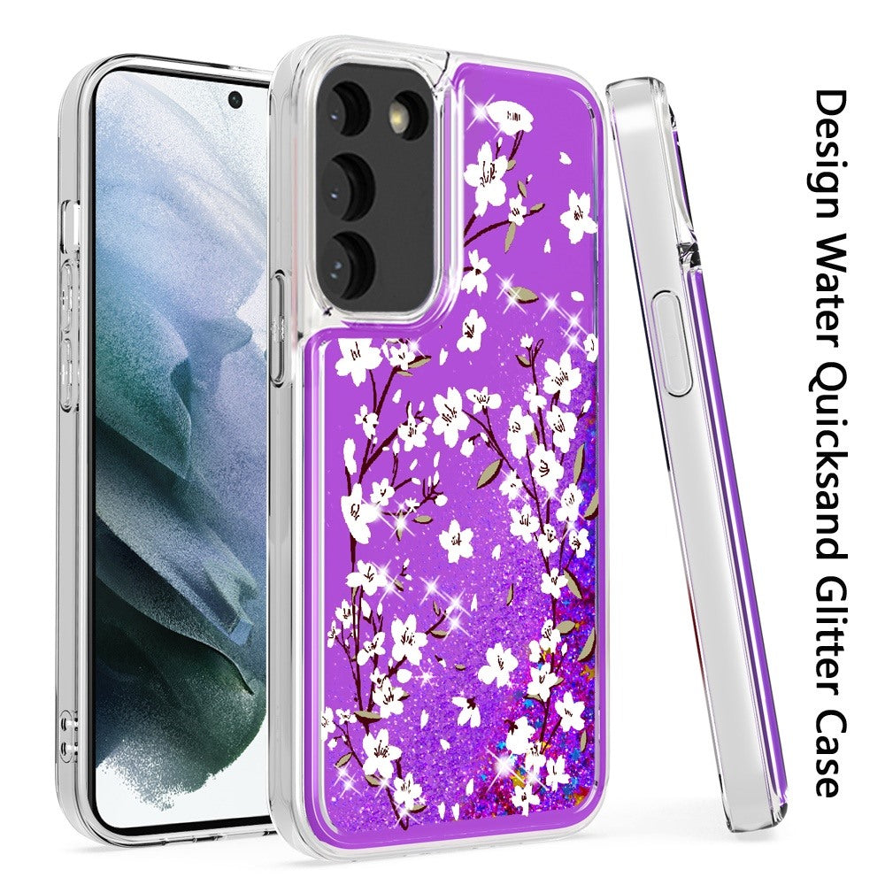For Samsung Galaxy S22 /Plus Ultra Floral Design Quicksand Water Flowing Liquid Floating Colorful Glitter Bling Flower Fashion TPU Hybrid Phone Case Cover