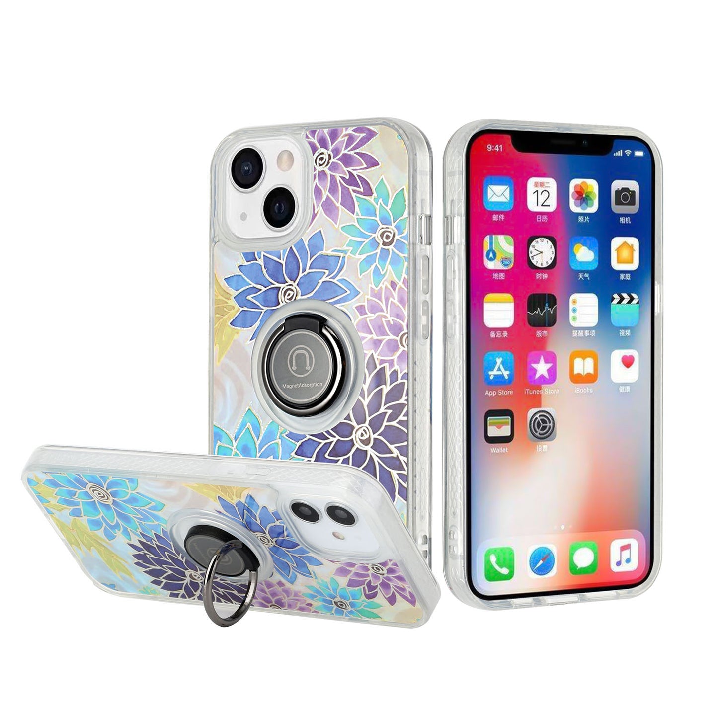 For Apple iPhone 11 (6.1") Flower Pattern IMD Design with Ring Kickstand Hybrid TPU Hard Back Shockproof Phone Case Cover