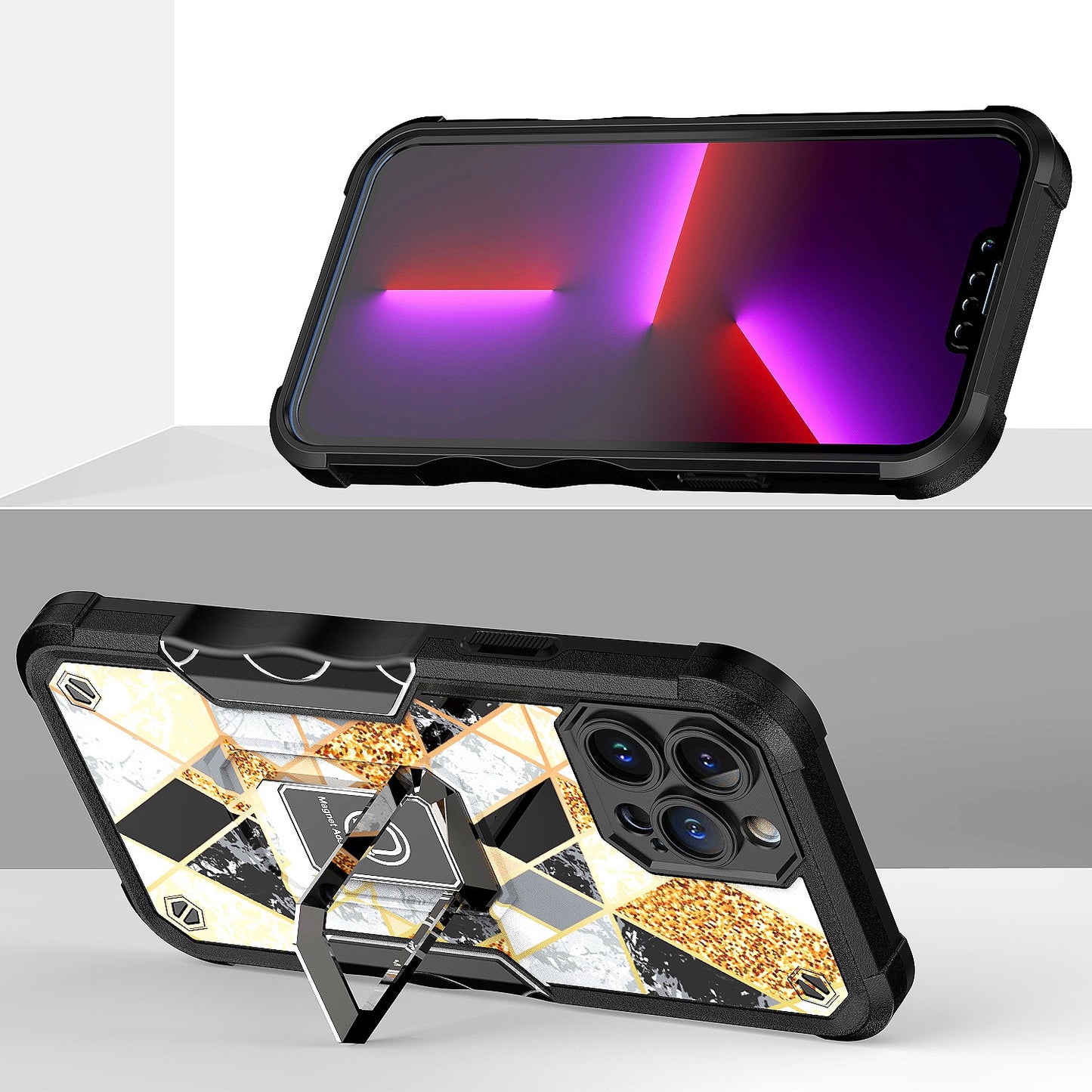 For Apple iPhone 11 (6.1") Marble IMD Stone Design Hybrid Armor with Magnetic Ring Stand Kickstand Heavy Duty Rugged Phone Case Cover