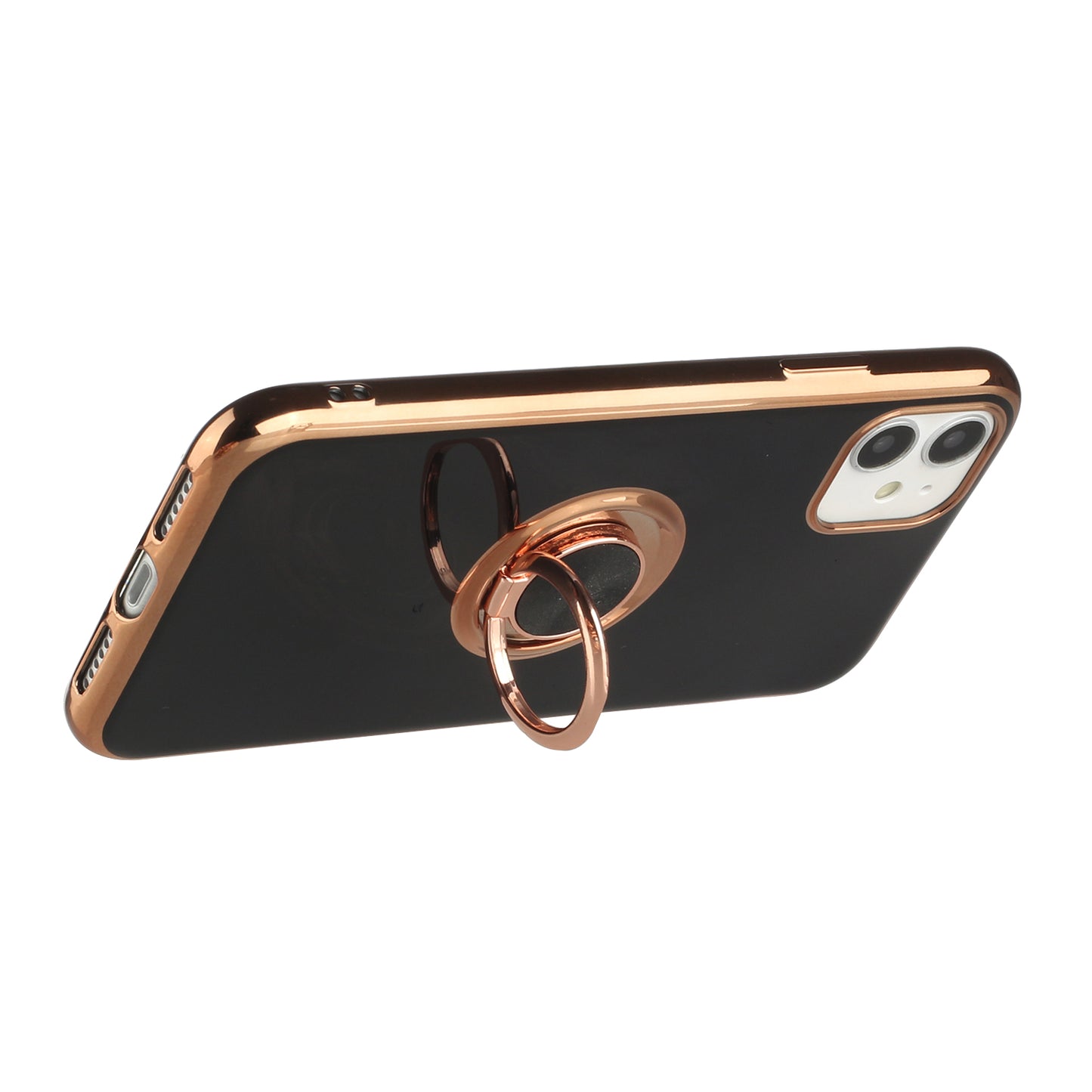 For Apple iPhone 11 (6.1") Slim Hybrid Metal Finger Ring Stand Electroplated Edges TPU Frame Shock-Absorption Bumper Phone Case Cover