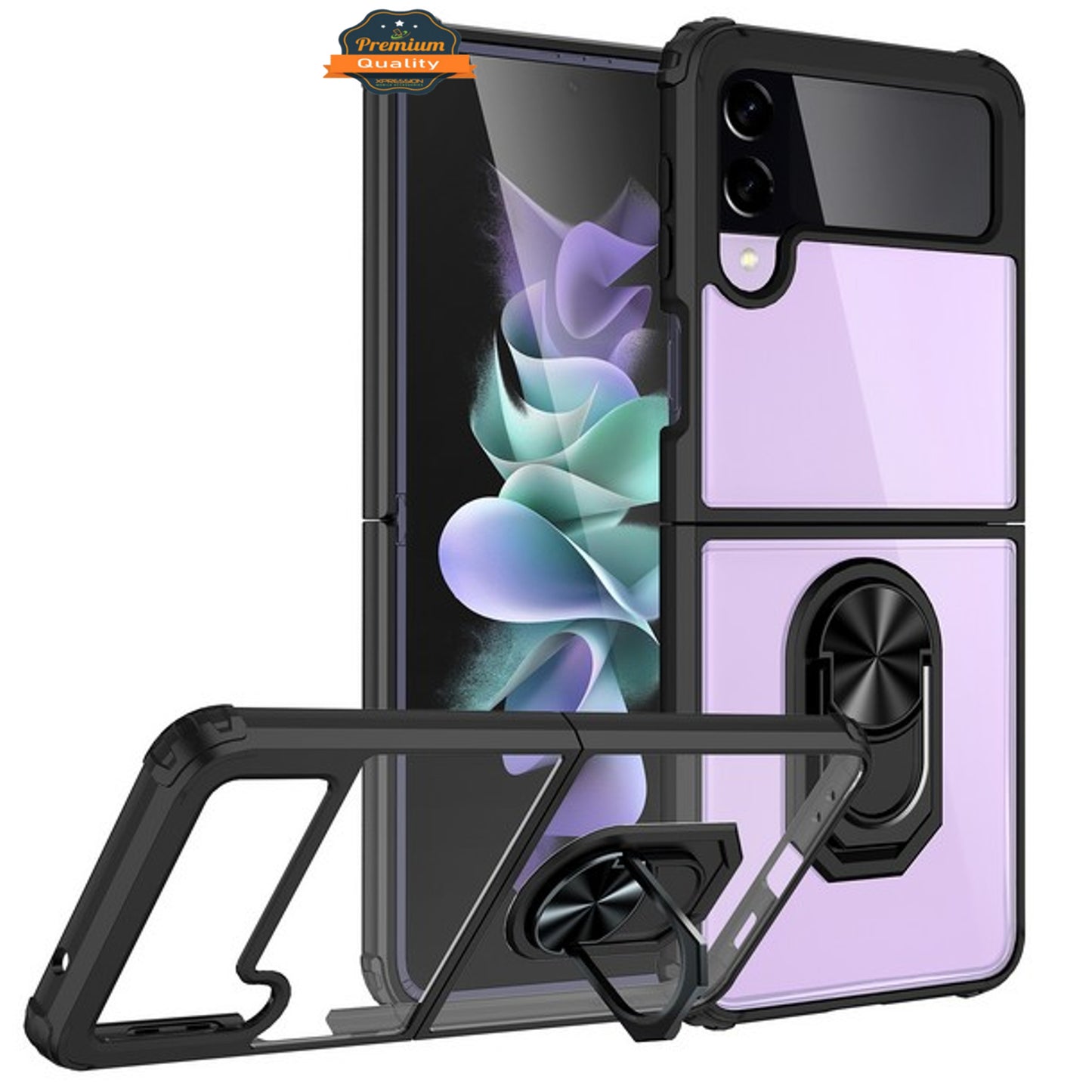 For Samsung Galaxy Z Flip 4 5G Transparent Back Hybrid Cases with Magnet Ring Stand Color Bumper Frame Slim Hard PC TPU Phone Case Cover