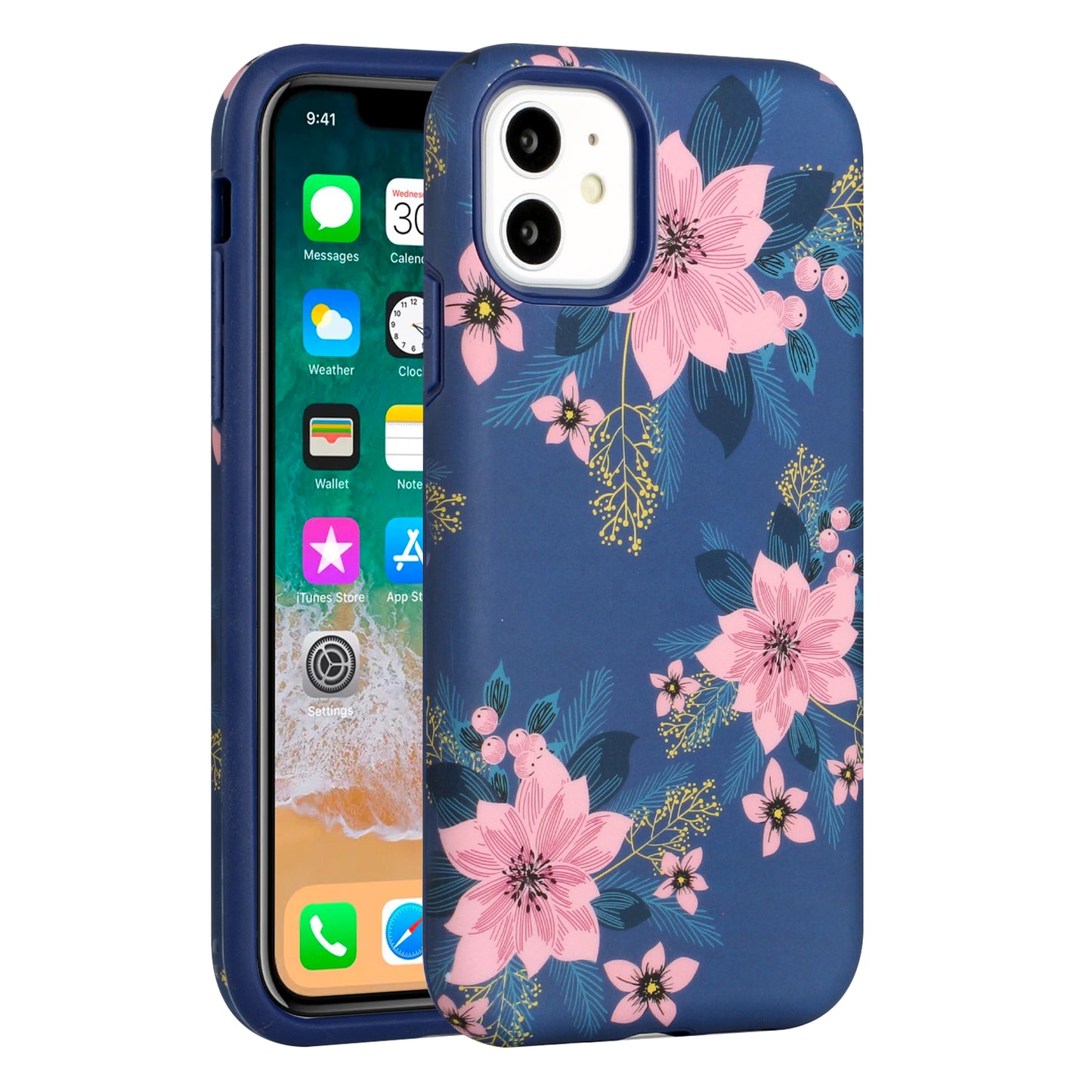 For Apple iPhone 11 (6.1") Bliss Floral Stylish Design Hybrid Rubber TPU Hard PC Shockproof Armor Rugged Slim Fit Phone Case Cover