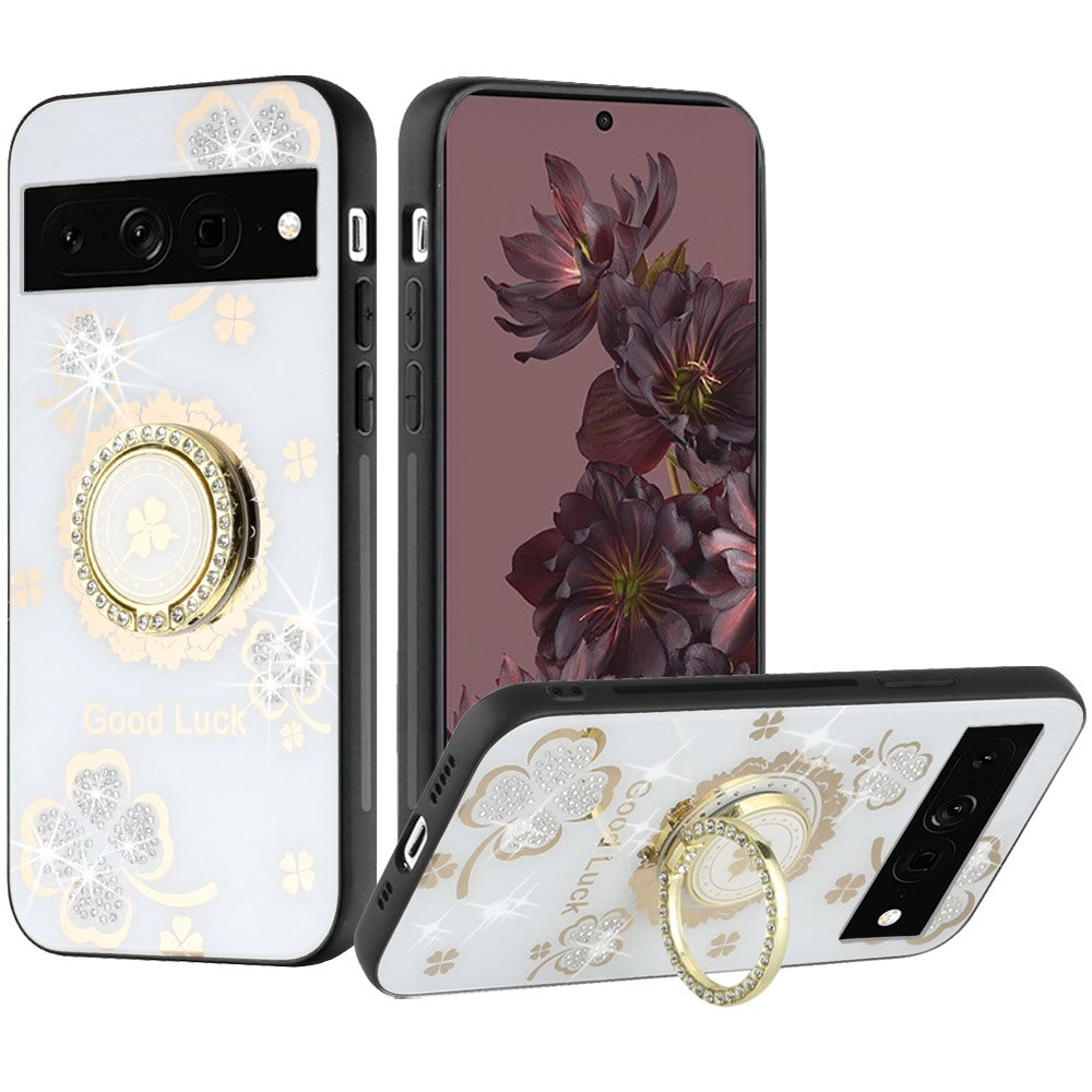 For Google Pixel 7/ 7 Pro Diamonds Bling Sparkly Glitter 3D Ornaments Engraving Hybrid with Ring Stand Holder Fashion Phone Case Cover