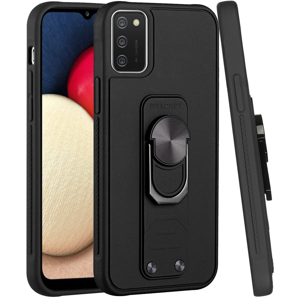 For Samsung Galaxy A02S Tuff Hybrid Solid Magnetic Ring Kickstand with Rotating Stand Heavy Duty PC + TPU Shockproof Phone Case Cover