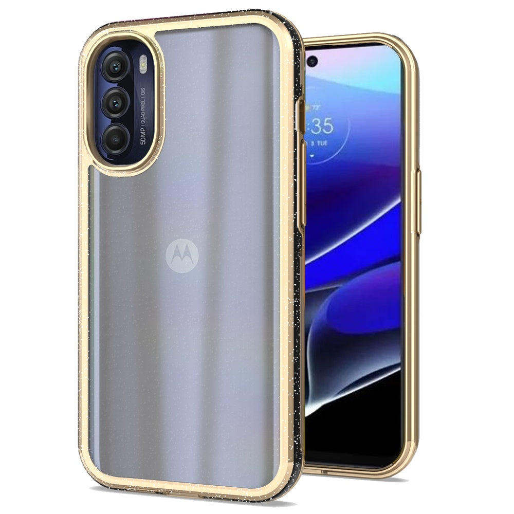 For Motorola Moto G Stylus 5G 2022 Electroplated Gold Frame Glitter Bling Transparent Hybrid Hard PC + TPU Shockproof Phone Case Cover