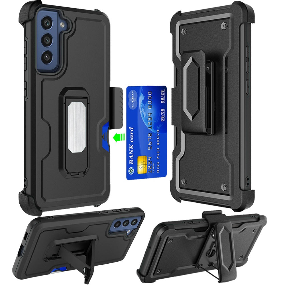 For Samsung Galaxy S22 Ultra Armor Belt Clip with Card Holder, Holster, Kickstand Protective Full Body Heavy Duty Hybrid Black Phone Case Cover
