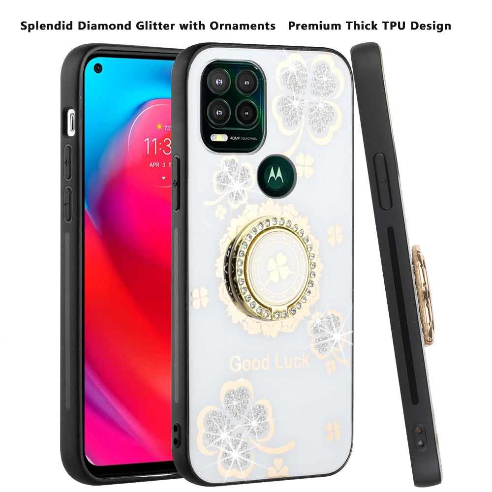 For Motorola Moto G Power 2021 Diamond Bling Sparkly Ornaments Engraving Hybrid Armor with Ring Stand Fashion Phone Case Cover