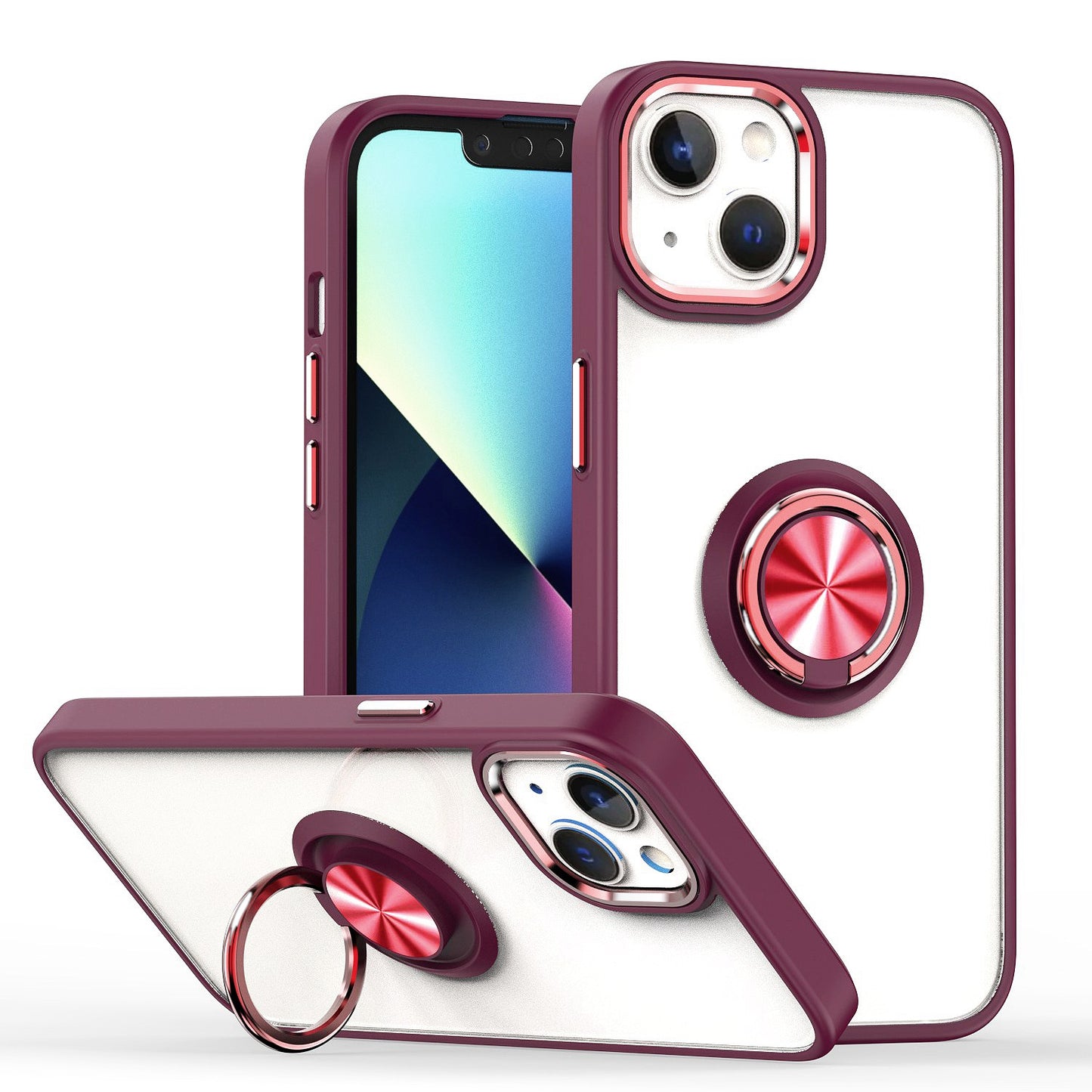 For Apple iPhone 13 Pro Max (6.7") Slim Transparent Shockproof Hybrid Chromed with Magnetic Ring Stand Holder Phone Case Cover