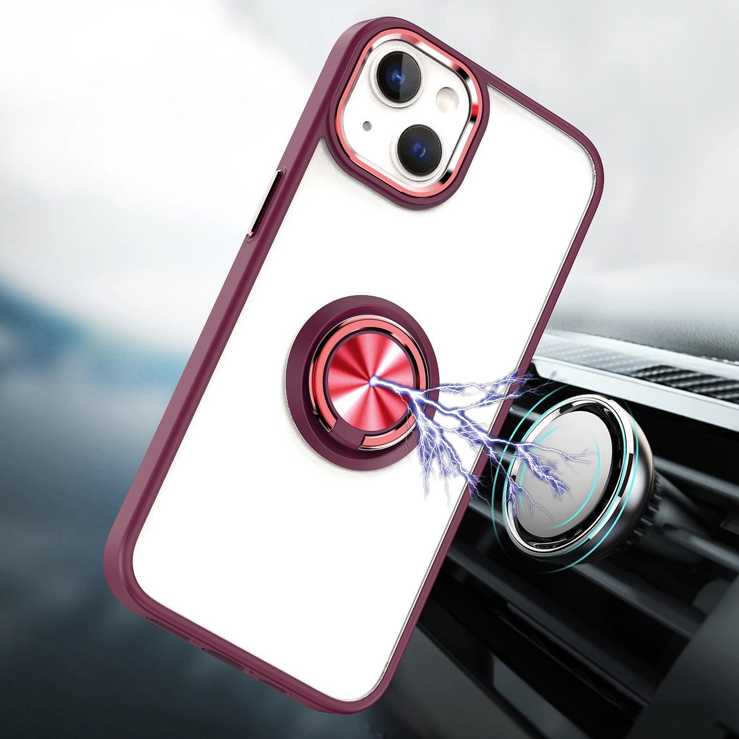 For Apple iPhone 13 Pro Max (6.7") Slim Transparent Shockproof Hybrid Chromed with Magnetic Ring Stand Holder Phone Case Cover