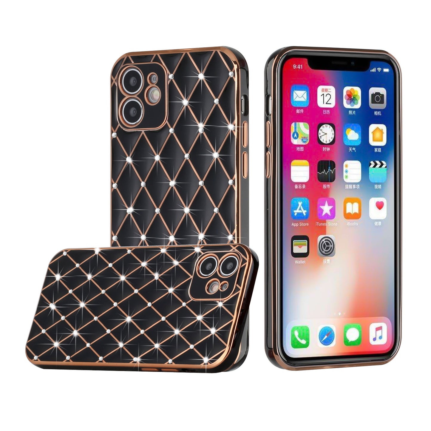 For Apple iPhone 11 (6.1") Luxury Diamonds on Electroplated Grid Design Rhinestone Protective TPU Hard PC Phone Case Cover