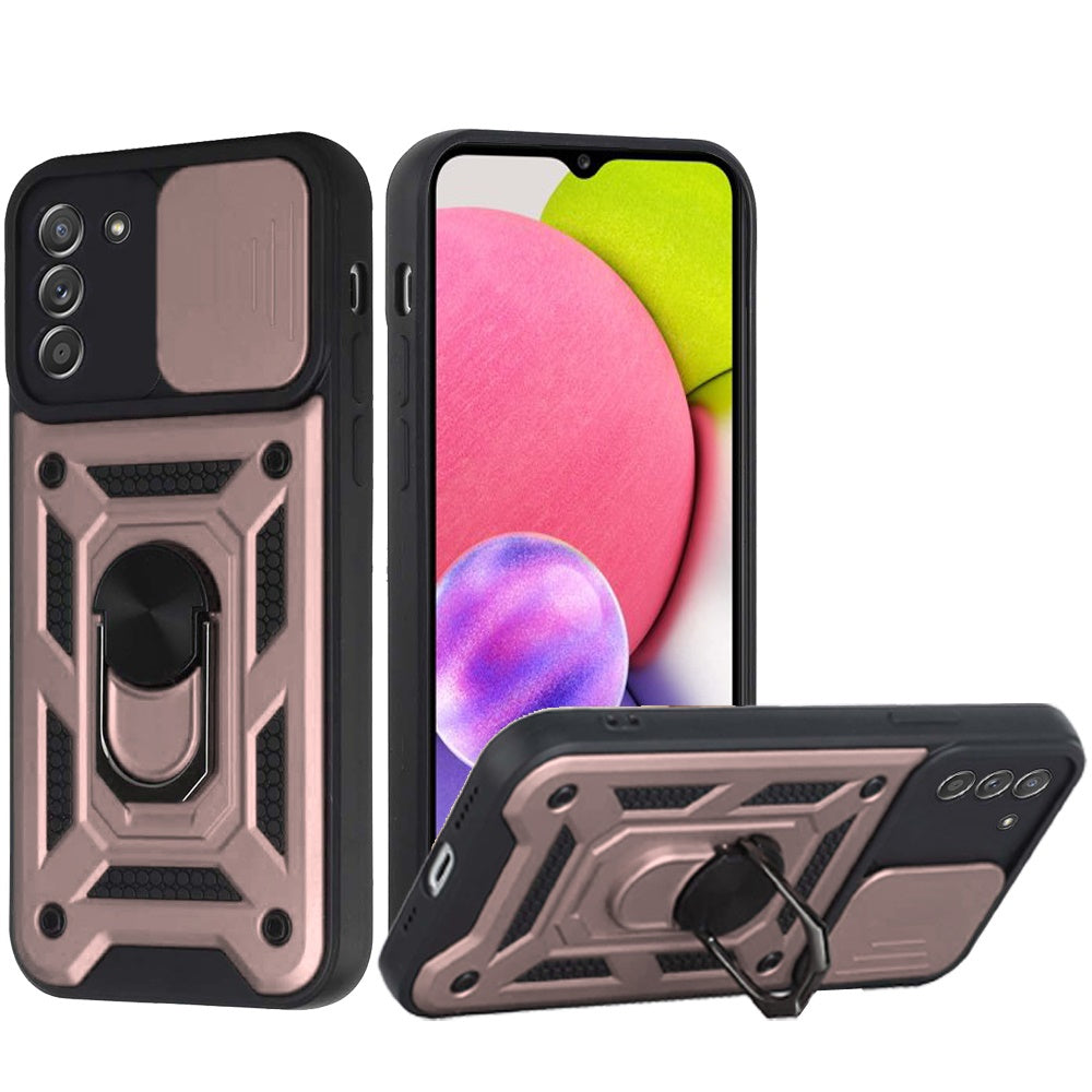 For Samsung Galaxy A03S Hybrid Cases with Slide Camera Lens Cover and Ring Holder Kickstand Rugged Dual Layer Heavy Duty Phone Case Cover