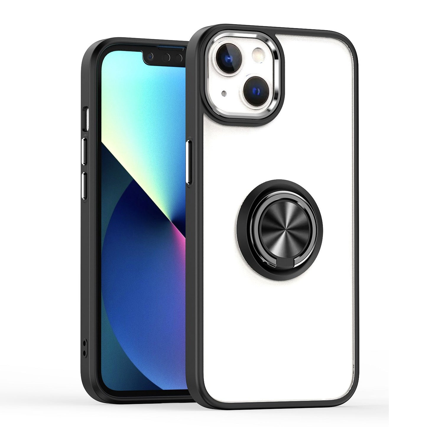 For Apple iPhone 13 Pro Max (6.7") Slim Transparent Shockproof Hybrid Chromed with Magnetic Ring Stand Holder Phone Case Cover
