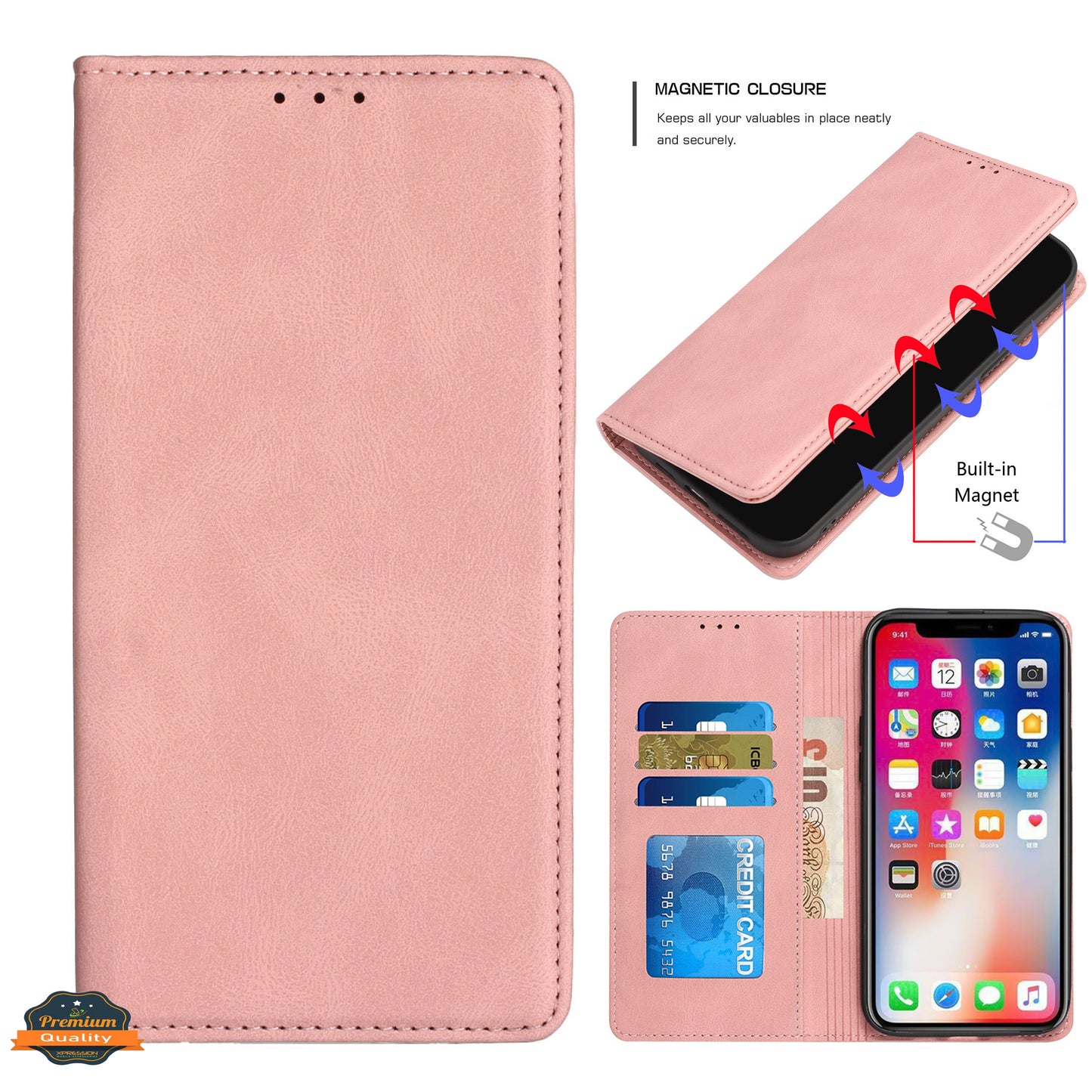 For Apple iPhone 14 Pro (6.1") Wallet Premium PU Vegan Leather ID Credit Card Money Holder with Magnetic Closure Pouch Flip Phone Case Cover