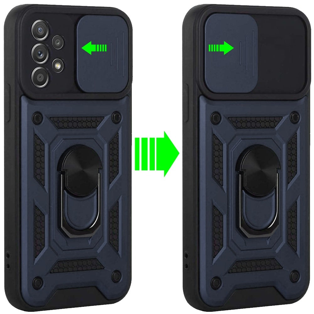 For Samsung Galaxy A73 5G Hybrid Cases with Slide Camera Lens Cover and Ring Holder Kickstand Rugged Dual Layer Heavy Duty Phone Case Cover