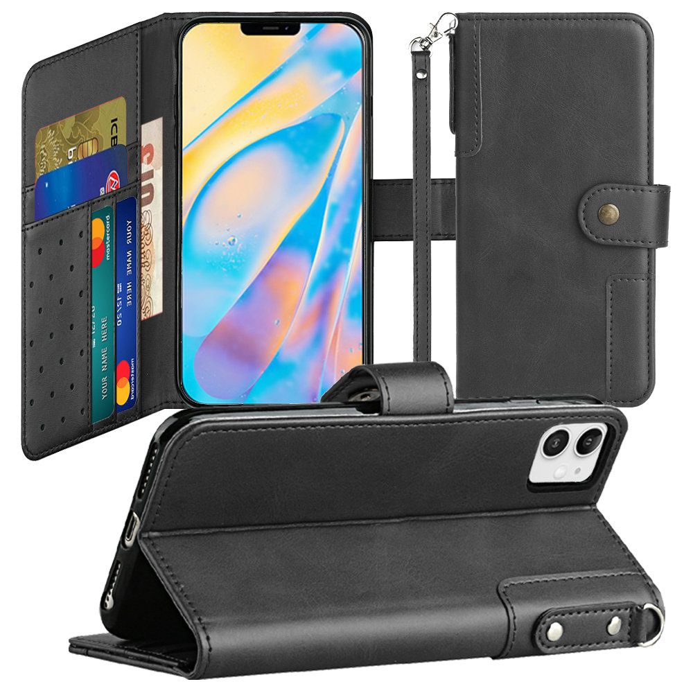 For Apple iPhone 11 (6.1") Wallet Case with Credit Card Holder, PU Leather Flip Pouch Kickstand & Strap TPU Protective Phone Case Cover