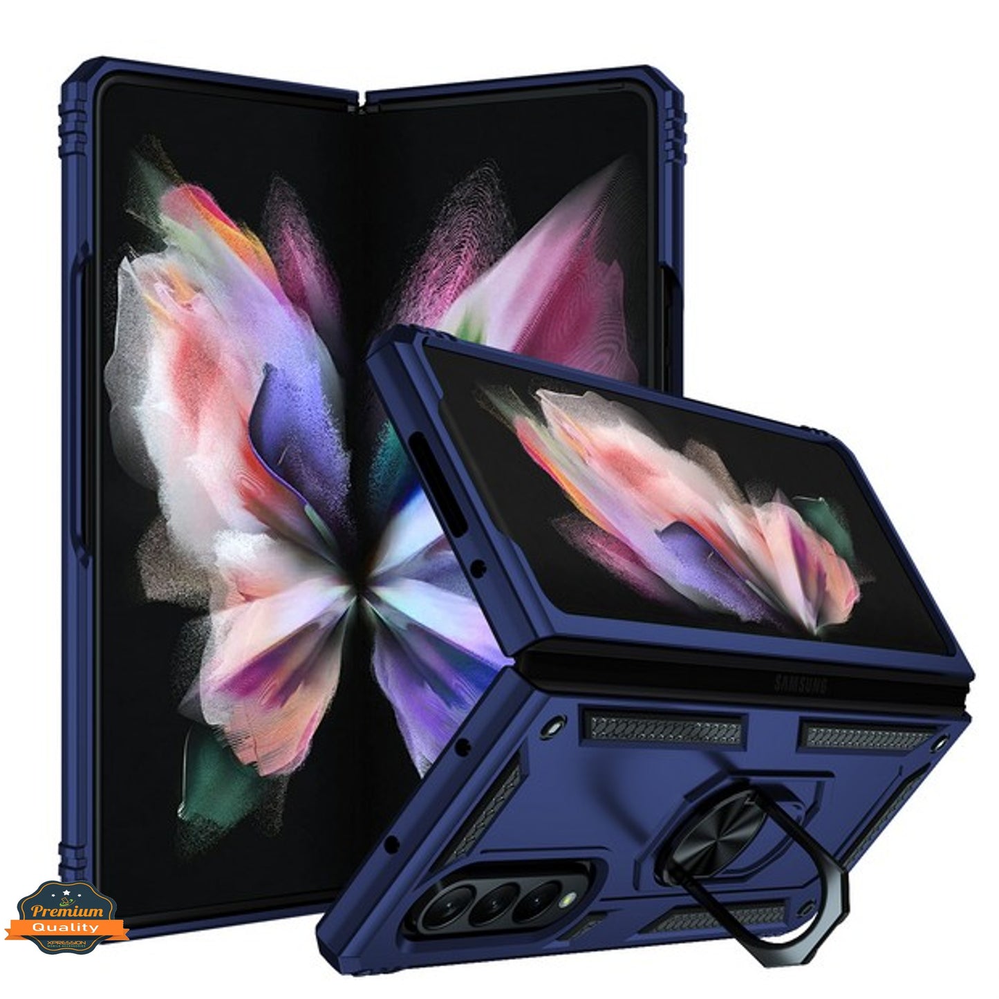 For Samsung Galaxy Z Fold 4 5G Shockproof Hybrid Dual Layer PC + TPU with Ring Stand Metal Kickstand Heavy Duty Rugged Armor Shell Phone Case Cover