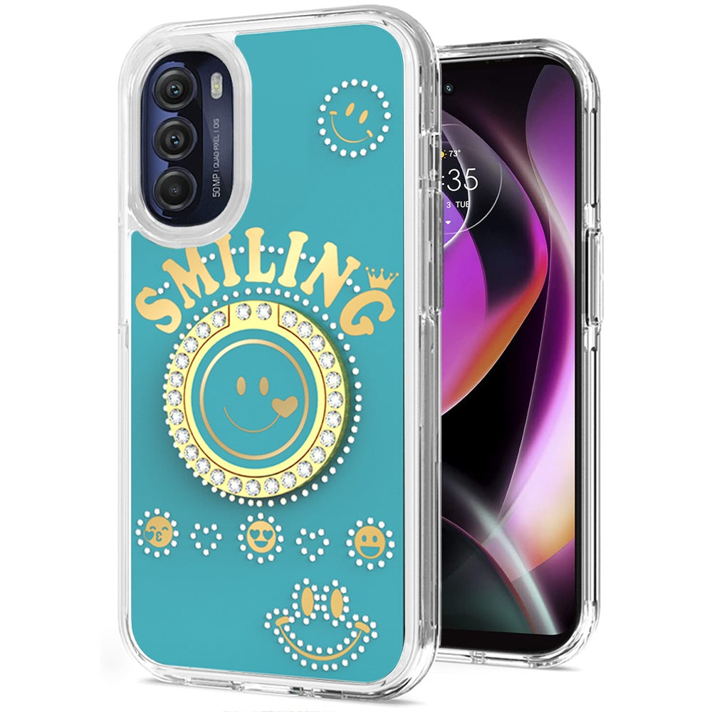 For Motorola Moto G 5G 2022 Smiling Glitter Ornament Bling Sparkle with Ring Stand Hybrid Slim TPU + Hard Back Shell Phone Case Cover