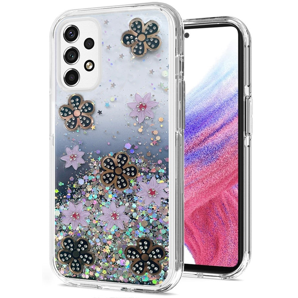 For Samsung Galaxy A53 5G Floral Stylish Design Glitter Shiny Hybrid Rubber TPU Hard PC Shockproof Armor Slim Fit Phone Case Cover