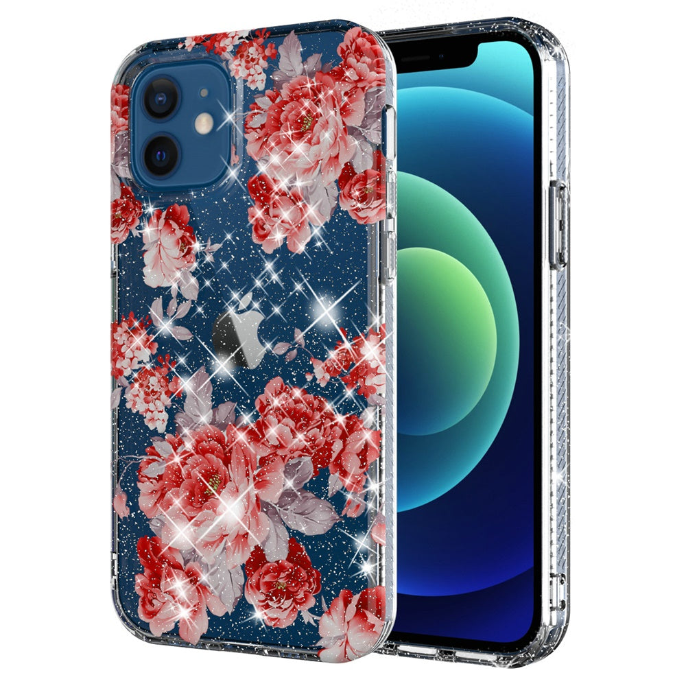 For Apple iPhone 11 /11 Pro Max Slim Hybrid Shiny Glitter Clear Floral Pattern Bloom Flower Design TPU Gel Hard PC Back Phone Case Cover