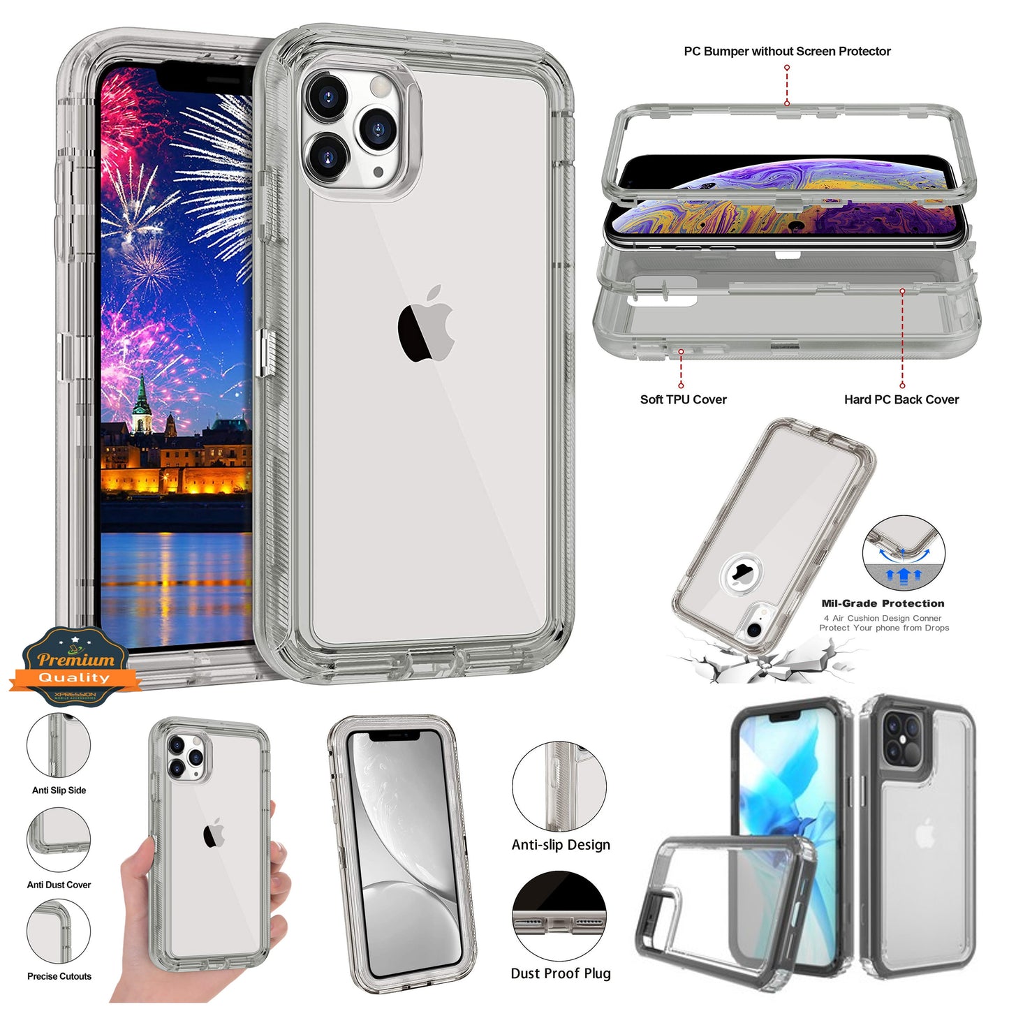 For Samsung Galaxy A22 5G Transparent 3 Layer Heavy Duty Rugged Full Body Shockproof Hybrid Hard PC + TPU Bumper Protective Phone Case Cover