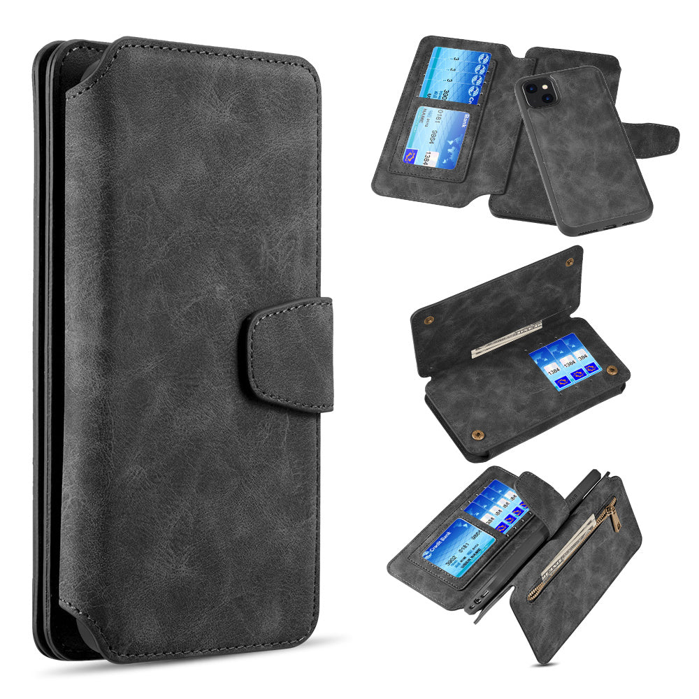 For Apple iPhone 13 /Pro Max Mini Wallet Case Magnetic Detachable Zipper Pocket PU Leather Flip Pouch with 7 Credit Card Slots Holder Phone Case Cover