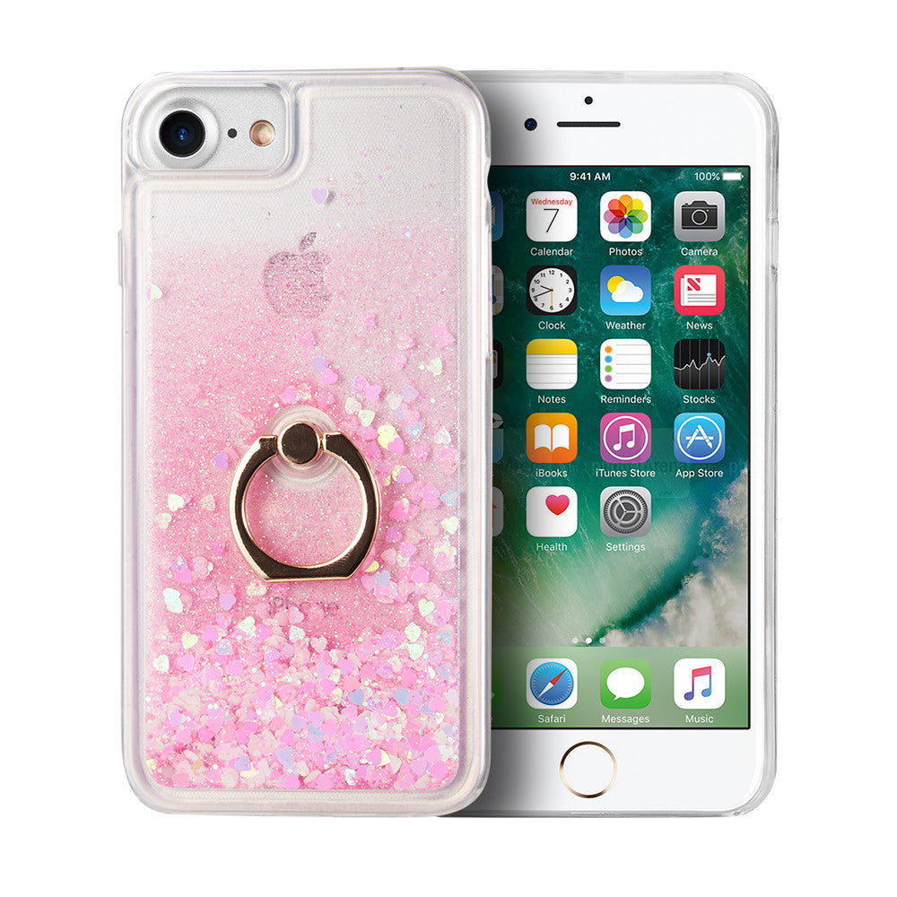 For Apple iPhone SE 3 (2022) Hybrid Glitter Bling Sparkling Liquid Quicksand TPU Rubber PC with Ring Stand Holder Kickstand Phone Case Cover