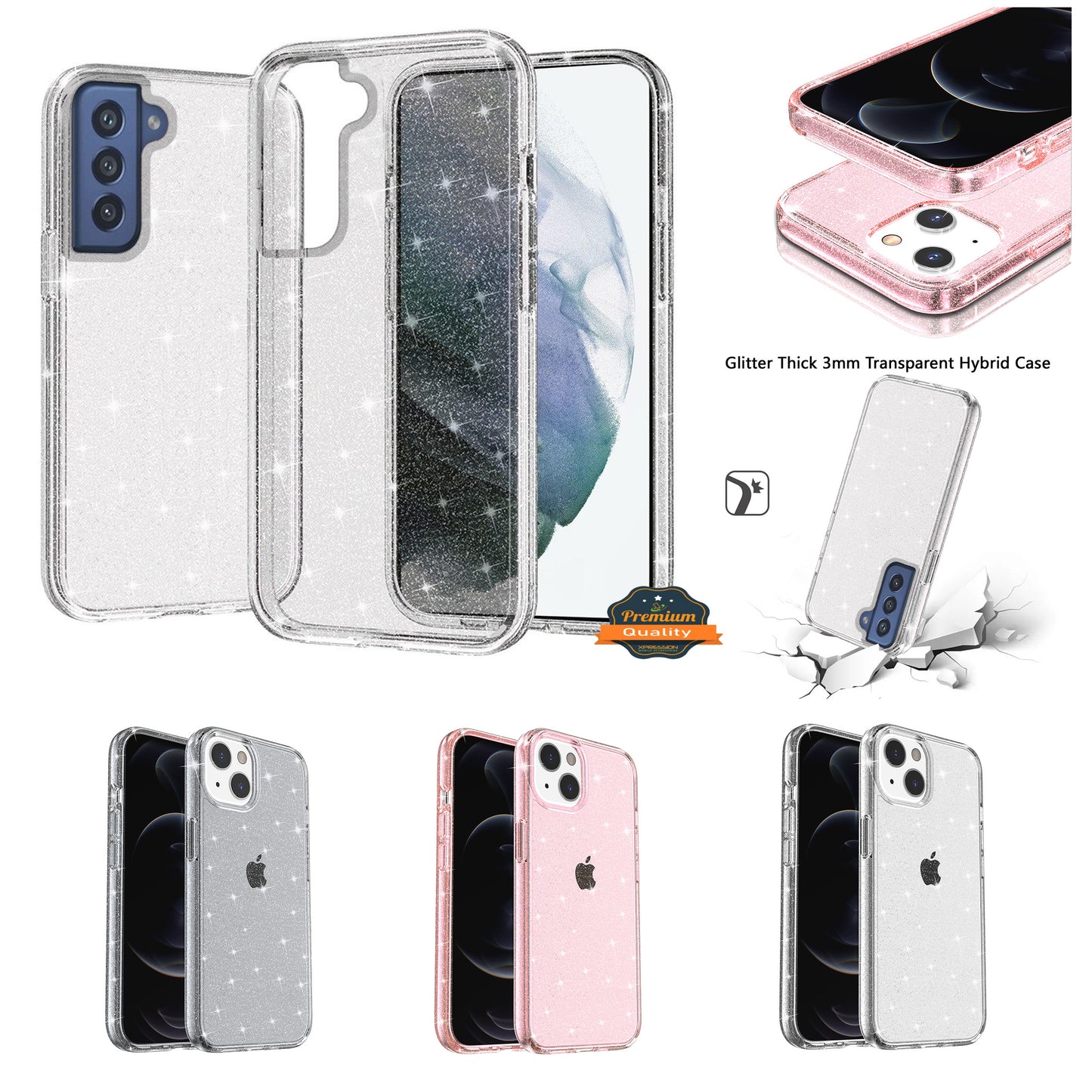 For Samsung Galaxy A03S Transparent Crystal Glitter Shiny Sparkle Bling Sjiny TPU Rubber Hard PC Back Hybrid Armor Frame Phone Case Cover