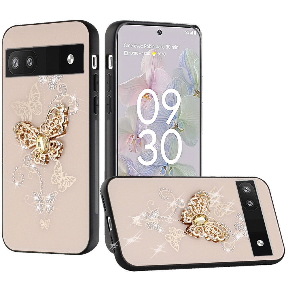 For Google Pixel 6A Diamonds Bling Sparkly Glitter 3D Ornaments Engraving Hybrid with Ring Stand Holder Fashion Phone Case Cover