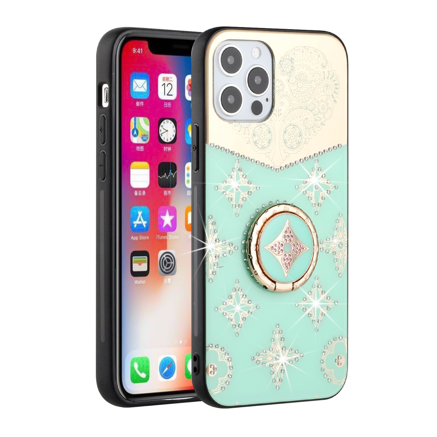 For Apple iPhone 13 Pro (6.1") Diamond Bling Sparkly Glitter Ornaments Engraving Hybrid Armor with Ring Stand Holder Rugged Fashion Phone Case Cover
