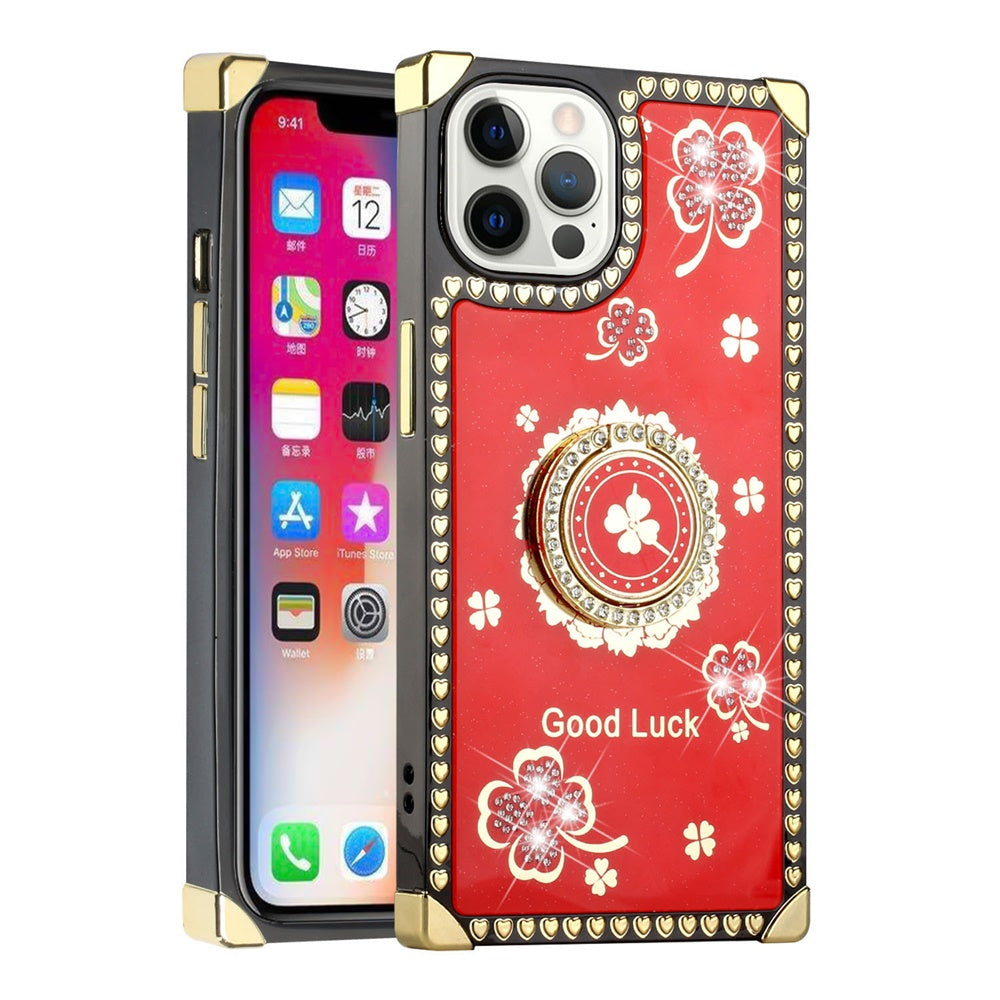 For Apple iPhone 11 (6.1") Fashion Art Square Hearts Diamond Bling Sparkly Glitter Ornaments with Ring Stand Phone Case Cover